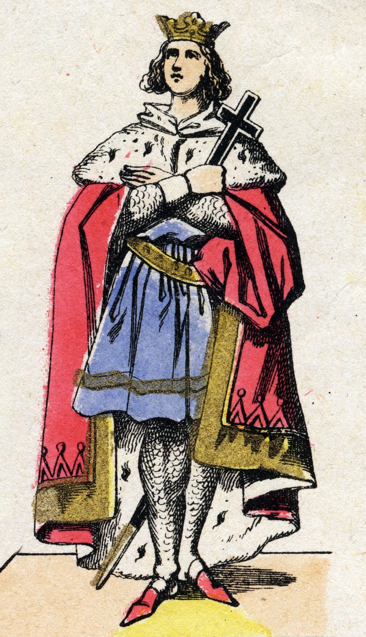 Dynastie van de Capetingers: Portret van Lodewijk IX van Frankrijk (1214-1270) koning der Franken van 1226 tot 1270. Epinal afbeelding uit het einde van de 19e eeuw. Privécollectie. door French School