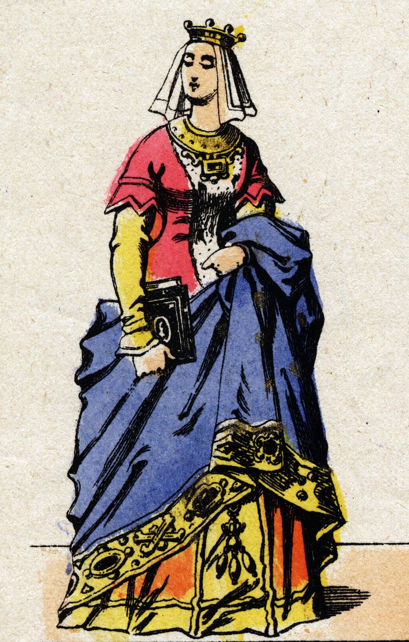 Dynastie van de Valois: Portret van Charlotte de Savoie (1441-1483) Koningin van Frankrijk, vrouw van Lodewijk XI van Frankrijk, bekend als de Voorzichtige (1423-1483). Epinal afbeelding uit het einde van de 19e eeuw. Privécollectie. door French School