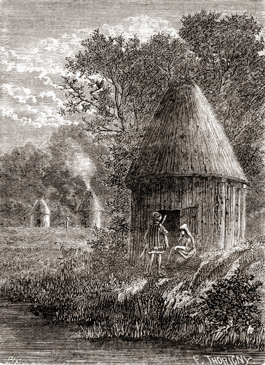 Vroege Gallische huizen, een ronde hut met een gat in het dak om de rook van het vuur te laten ontsnappen, uit 