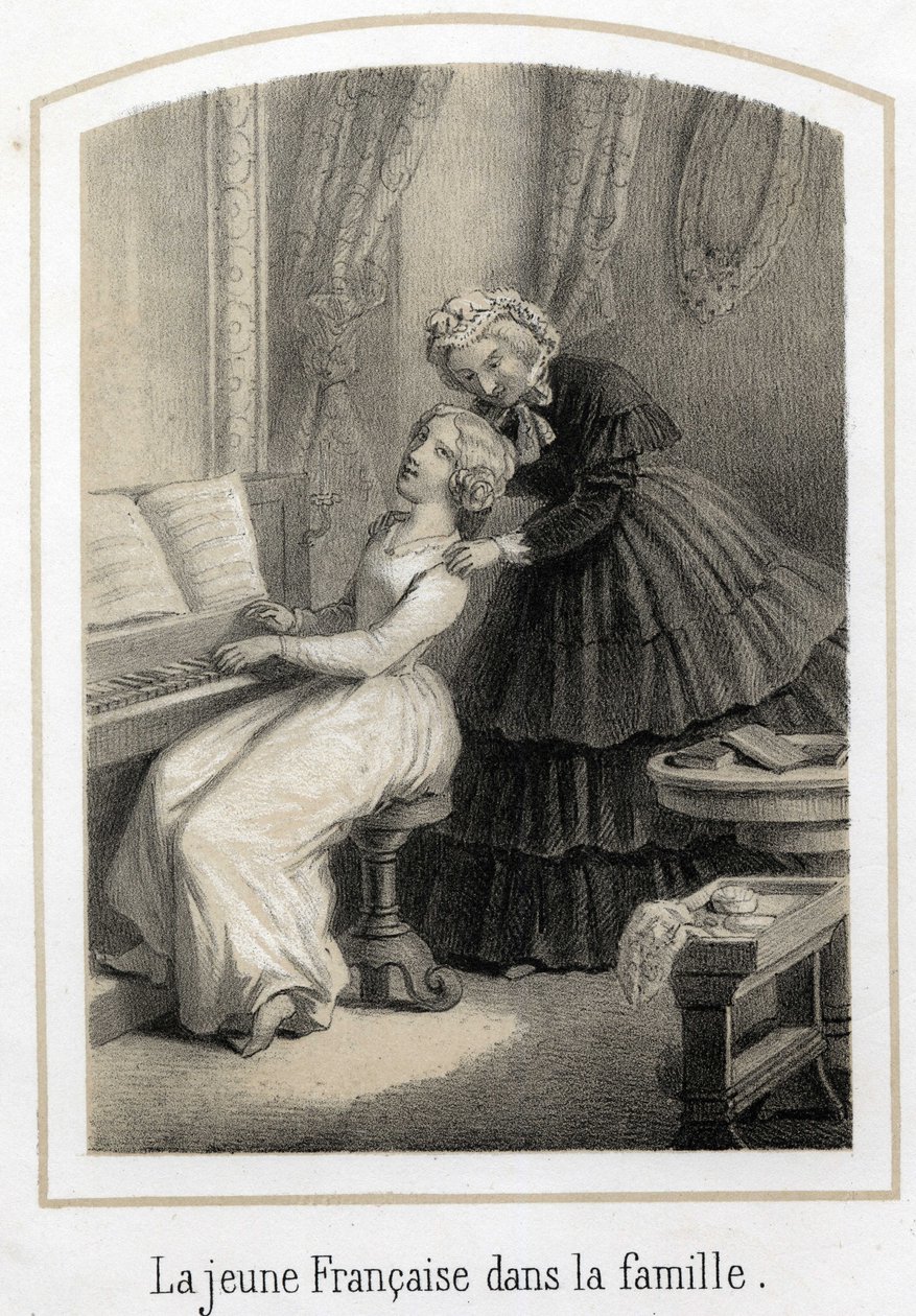 Onderwijs voor jonge meisjes uit goede families: een jonge Franse vrouw die op de piano zit, wordt overgenomen door haar huishoudster. Anonieme gravure uit de 19e eeuw. door French School