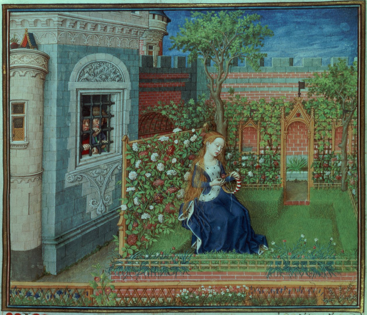 Emelye in haar tuin. De gevangen ridders Palamon en Arcite, uit de Getijden van de Hertog van Bourgondië door French School