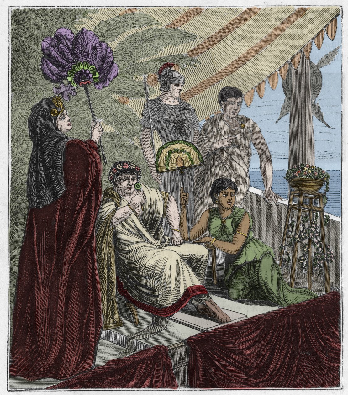 Smaragdblad gebruikt als optisch instrument door keizer Nero, keizer van Rome (54-68 AD) die gladiatorengevechten bekijkt door een concave geslepen smaragd als lens om zijn bijziendheid te corrigeren - Gravure in 