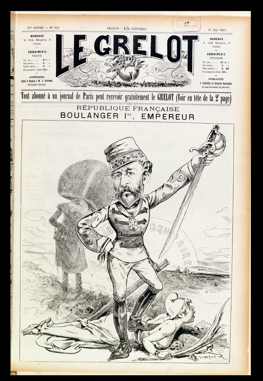 Keizer Boulanger de Eerste, karikatuur van de voorpagina van Le Grelot, 29 mei 1887 door French School