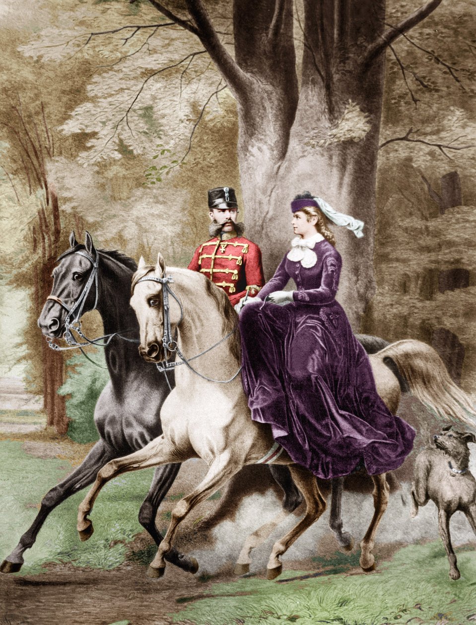 Keizer Franz Joseph de eerste en keizerin Elisabeth van Oostenrijk uit Wittelsbach te paard (gravure) door French School