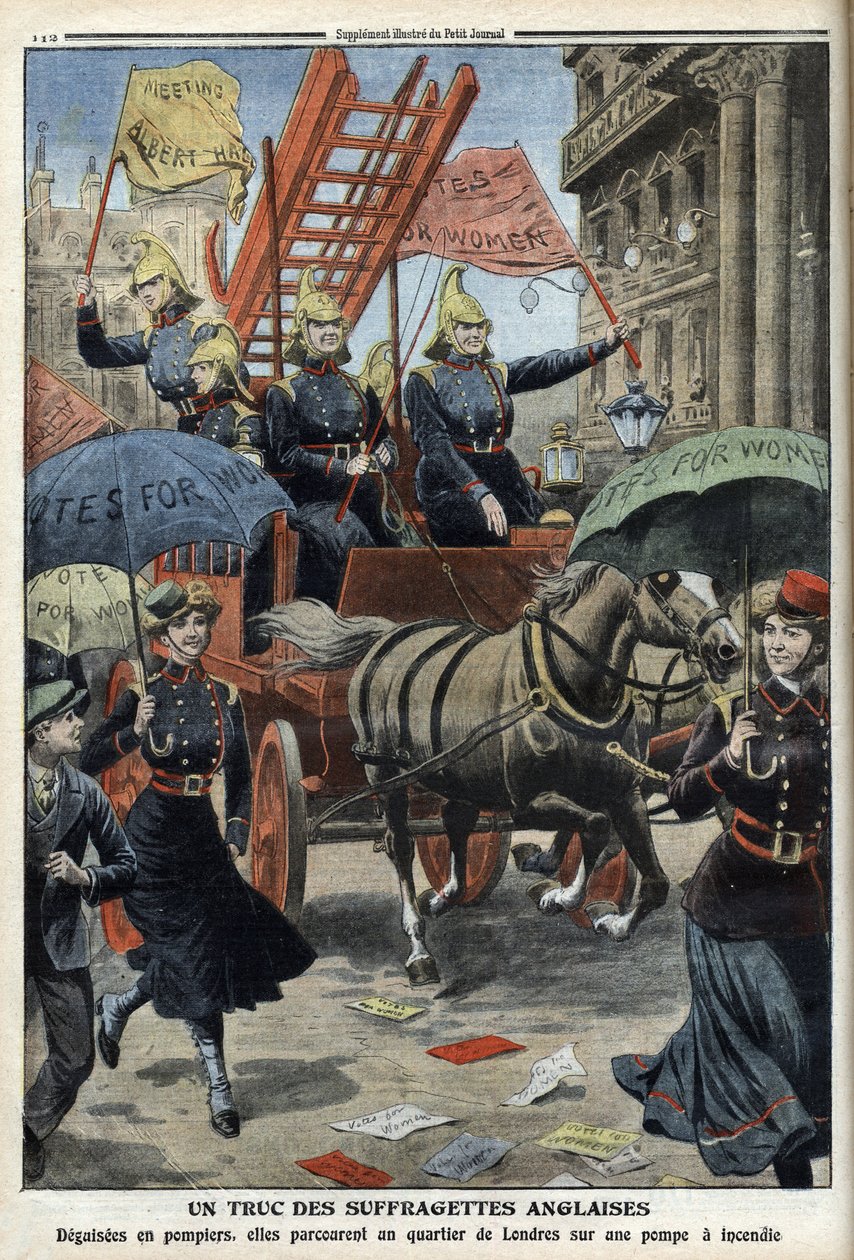 Engelse suffragettes verkleed als brandweermannen, uit 