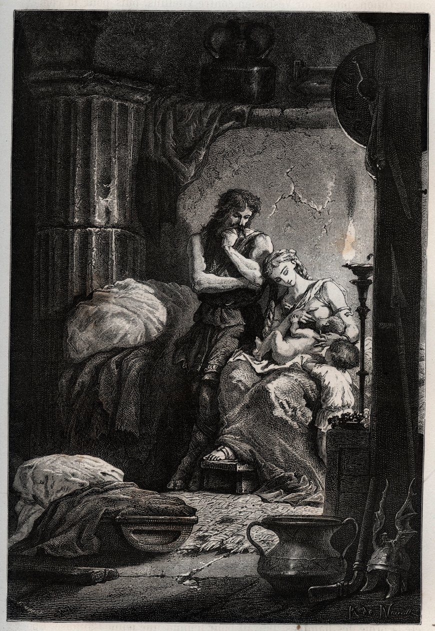 Eponine en haar man Julius Sabinus die clandestien in een grot leven om te ontsnappen aan keizer Vespasianus - Sabinus en zijn vrouw Eponine, verborgen in een grot - gravure uit 