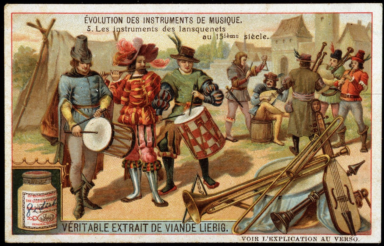 Evolutie van muziekinstrumenten: De instrumenten van de lansquenets in de 15e eeuw. Militaire trom, fluit, driehoek, trompet, een soort doedelzak en andere snaarinstrumenten. Eind 19e eeuw liebig chromolithografie. door French School