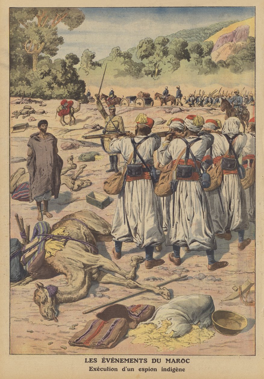 Executie van een spion in Marokko (kleurenlitho) door French School