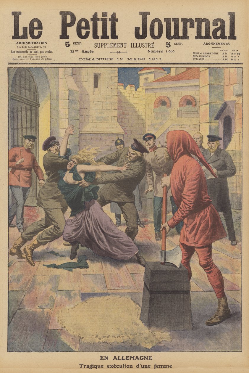 Executie van een vrouw in de gevangenis van Insterburg, Duitsland (kleurenlitho) door French School