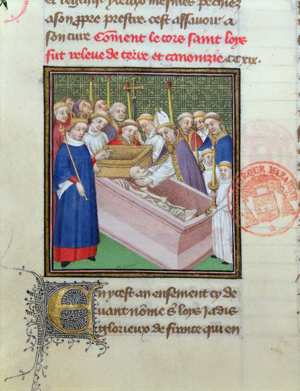 Opgraving en Heiligverklaring van St. Louis (1215-70) in 1297, uit Les Grandes Chroniques de France door French School