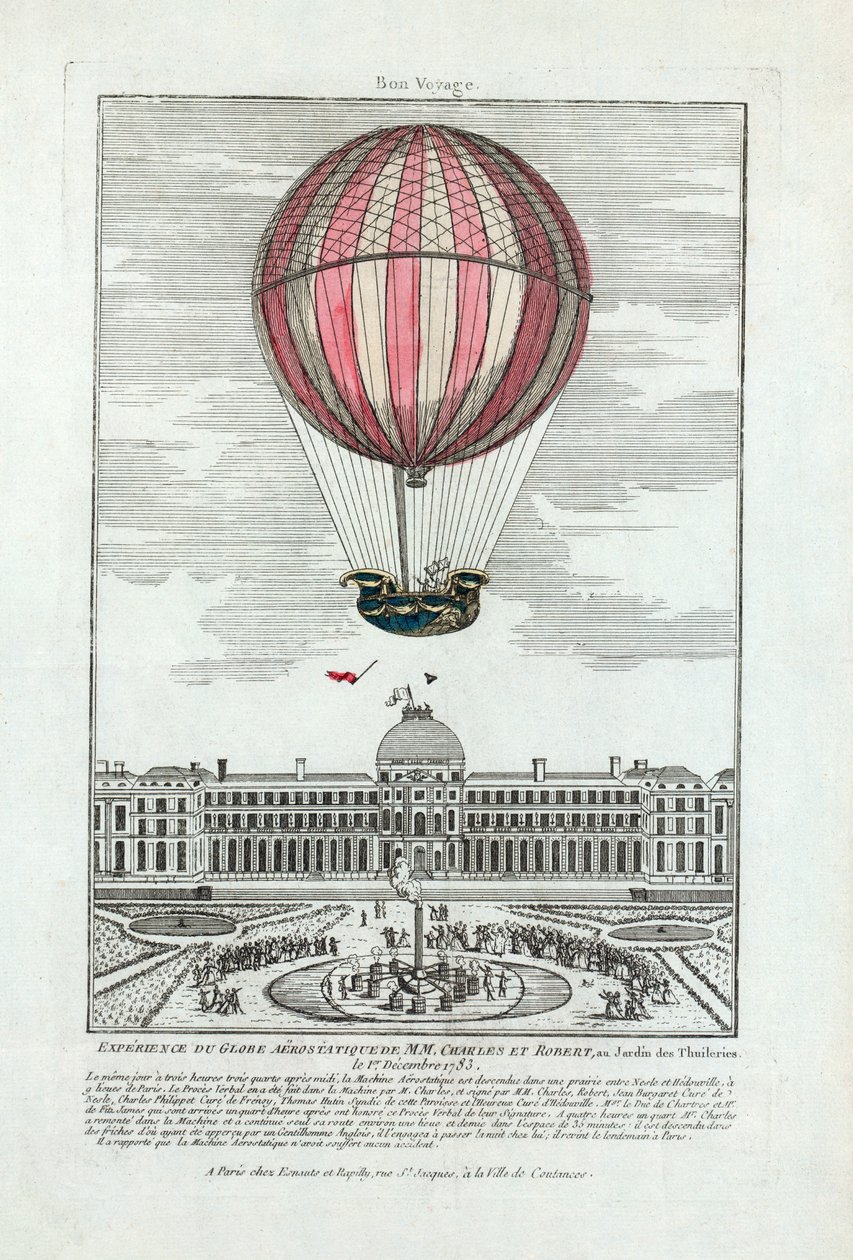 Ervaring van de luchtballon van MM. Charles en Robert in de Jardin des Thuileries op 1 december 1783, gepubliceerd 1783 door French School