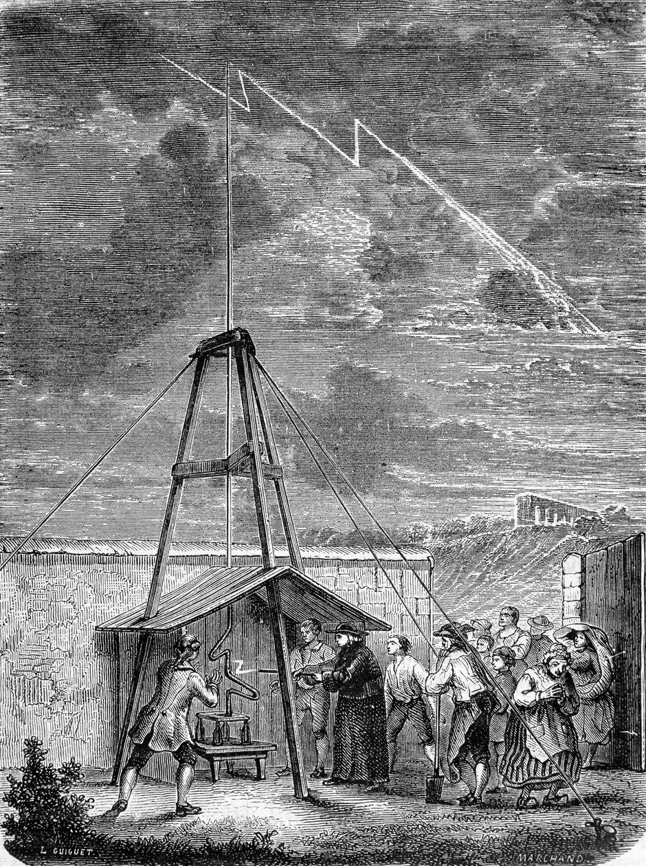 Experiment uitgevoerd op 10 mei 1752, door Thomas-François Dalibard (1703-1779) in Marly, eerste demonstratie van de aanwezigheid van elektriciteit in onweerswolken - gravure door French School