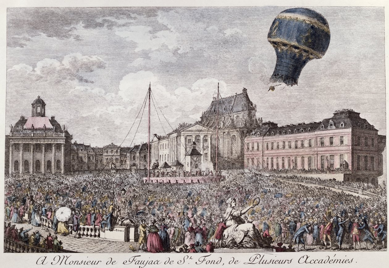 Experiment in Versailles van de gebroeders Montgolfier met de vlucht in een Montgolfière heteluchtballon van een haan, een eend en een schaap op 19 september 1783 door French School