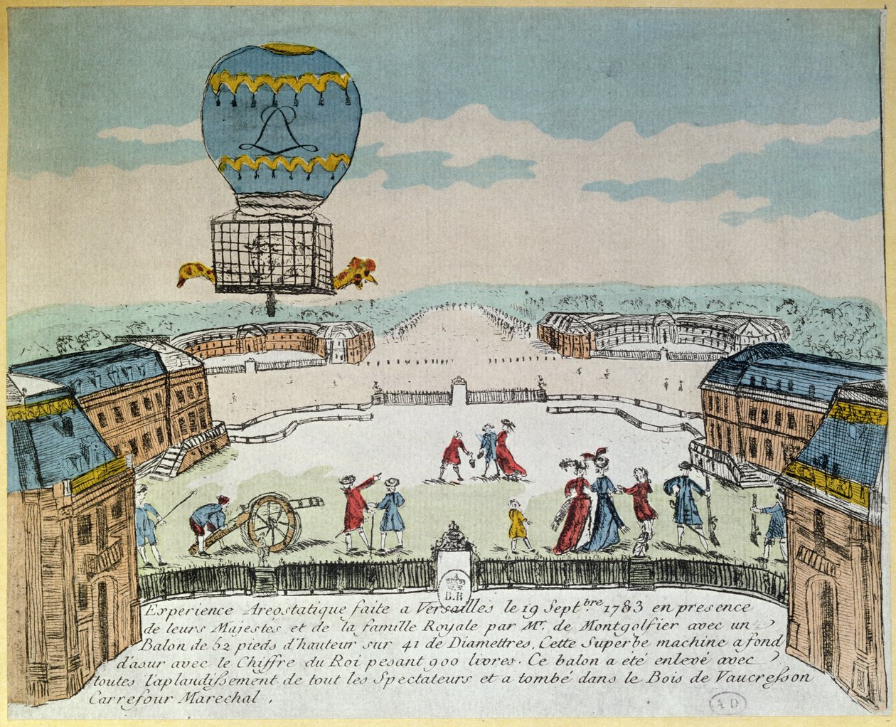 Experiment in Versailles van de gebroeders Montgolfier met de vlucht in een Montgolfière heteluchtballon van een haan, een eend en een schaap op 19 september 1783 door French School