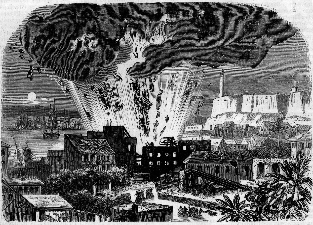 Explosie van het kruitvat in het maritieme arsenaal van Havana, Cuba door French School