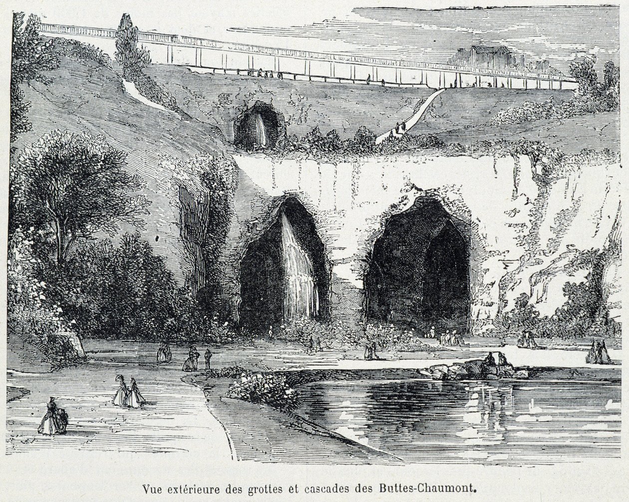 Buitenaanzicht van de watervallen en grotten van de Buttes Chaumont, gravure 19e eeuw door French School