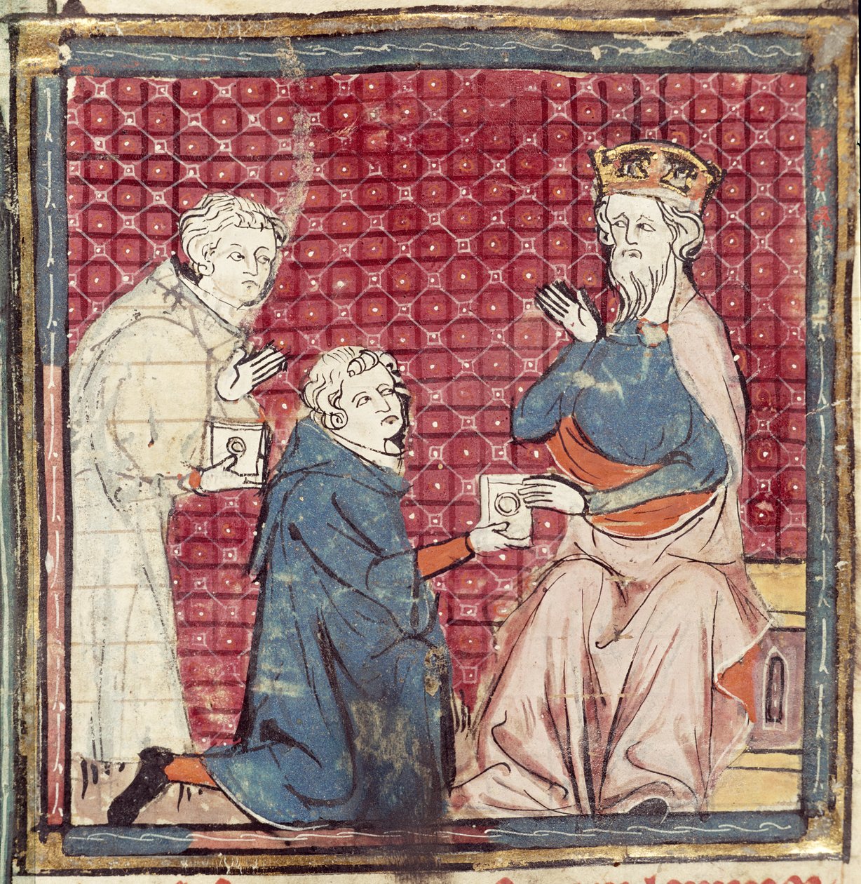 F.117r Boodschappers vertellen Karel de Grote over de overwinning op de Saracenen, uit de Grandes Chroniques de France, 1375-79 door French School