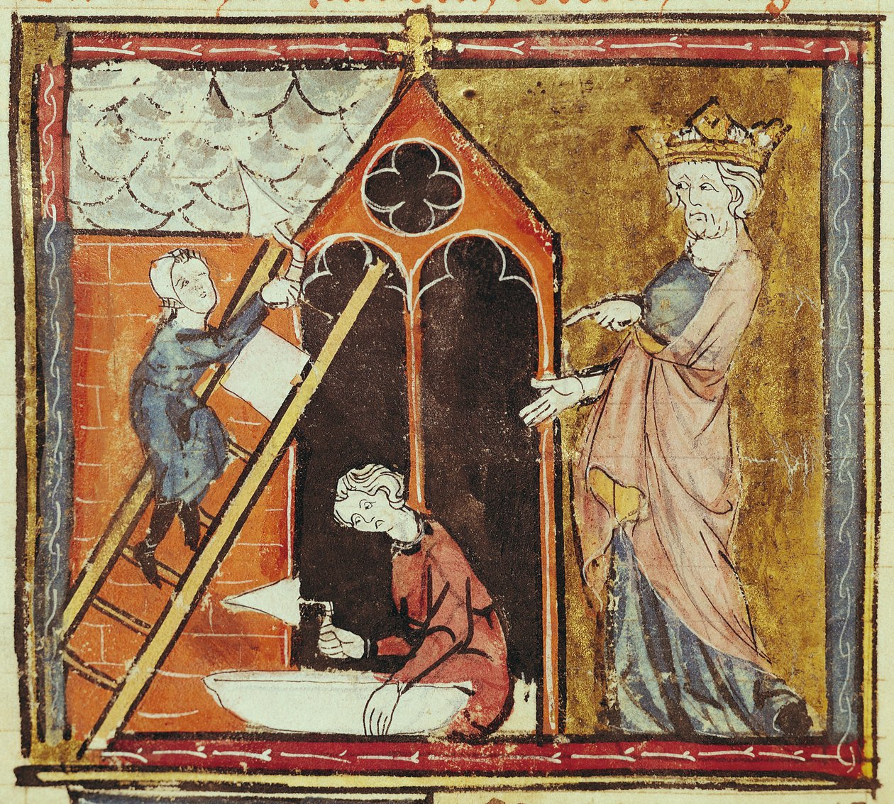 F.235v Koning Lodewijk VI kijkt naar de bouw van een kerk, uit de Grandes Chroniques de France door French School