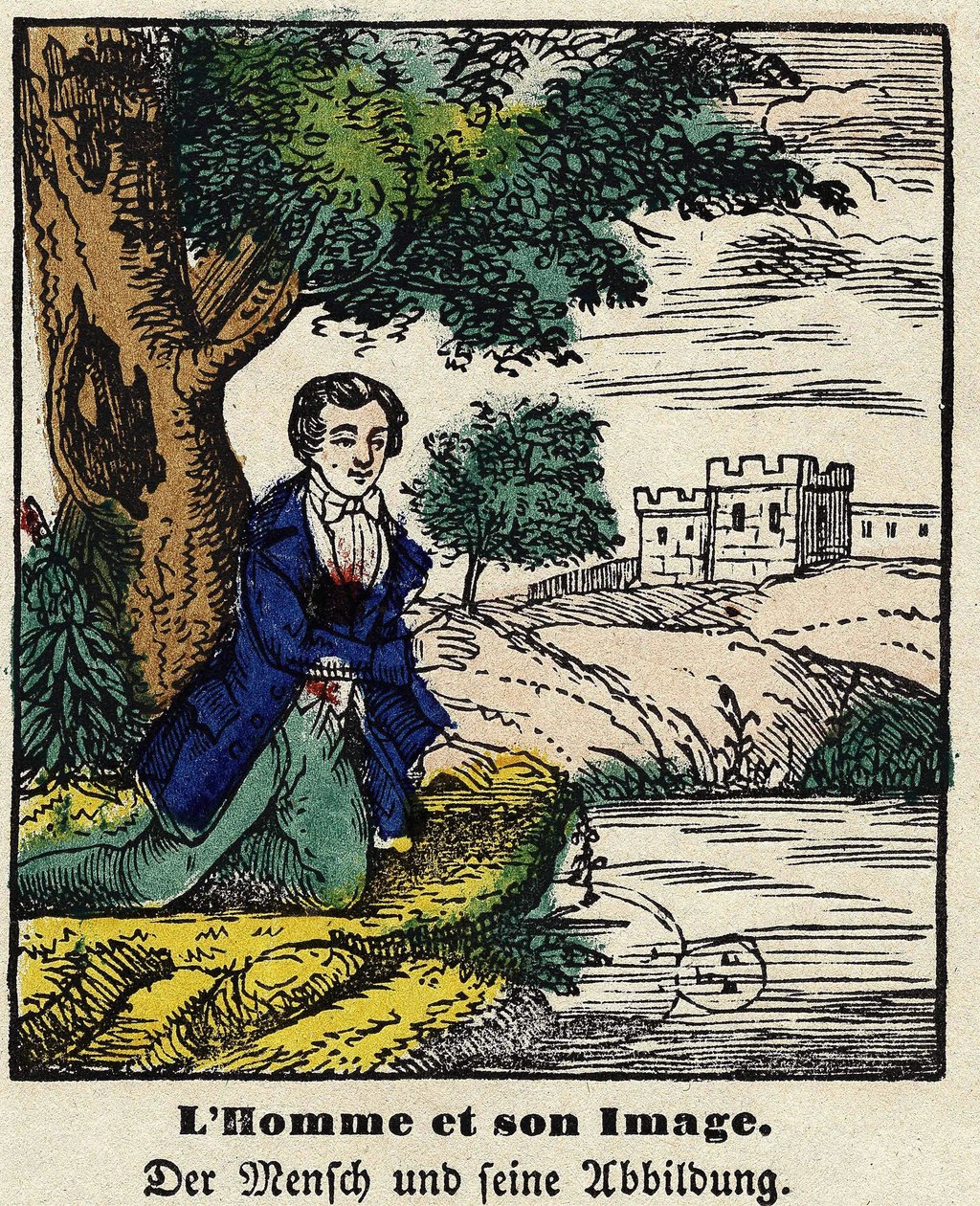 Fabels van La Fontaine: man en zijn spiegelbeeld. Afbeelding van Epinal, eerste helft van de 19e eeuw. door French School