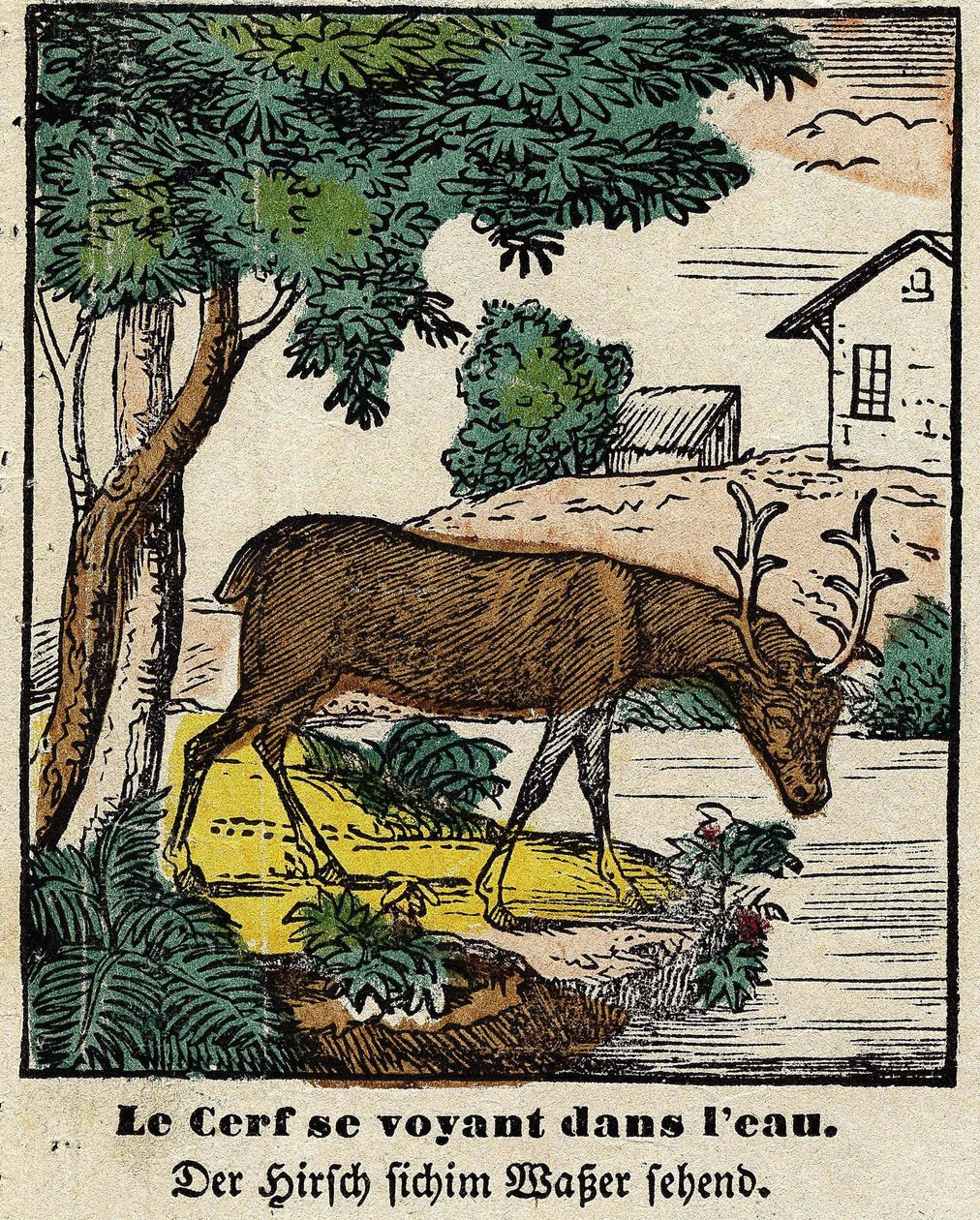 Fabels van La Fontaine: het hert dat zichzelf in het water ziet (spinal afbeelding, eerste helft 19e eeuw) door French School