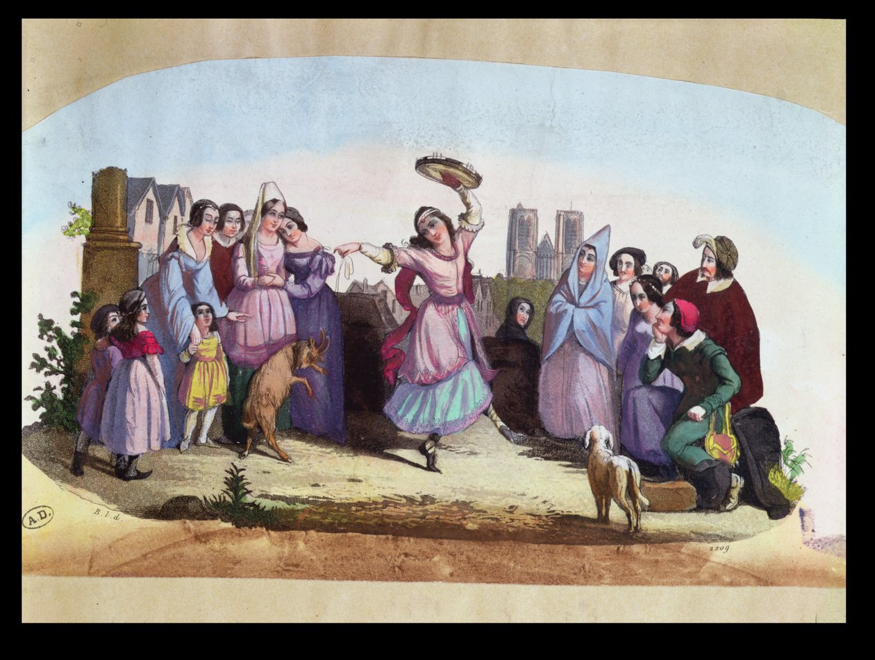 Waaiervormig ontwerp met een scène uit La Esmeralda, een opera van Louise-Angélique Bertin (1805-77) naar de roman van Victor Hugo (1802-85) c.1836 door French School
