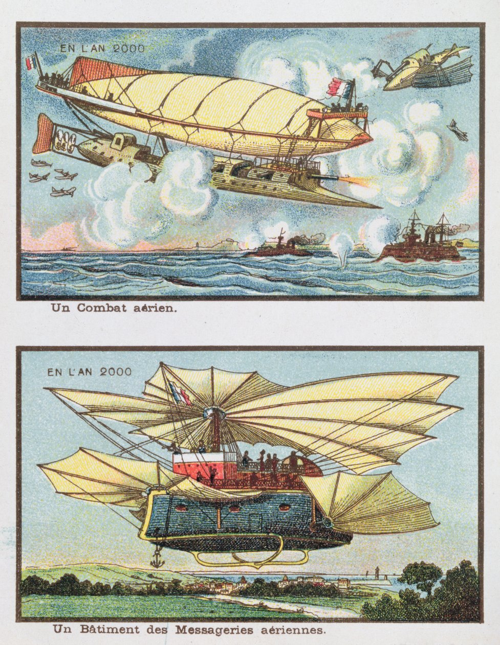 Fantasievoorstellingen van een luchtgevecht en een vliegtuig voor vrachtvervoer in het jaar 2000, c.1910 door French School