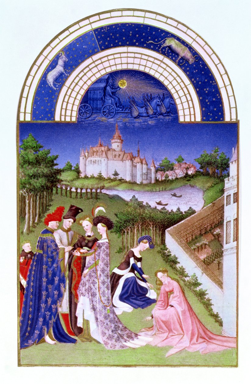 Facsimile van april: hoffelijke figuren in de kasteeltuinen, uit de Tres Riches Heures du Duc de Berry door French School