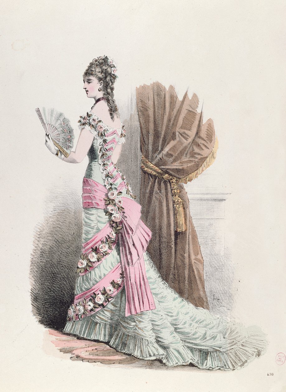 Modeplaat van een vrouw in avondjurk en met een waaier, 1877 door French School