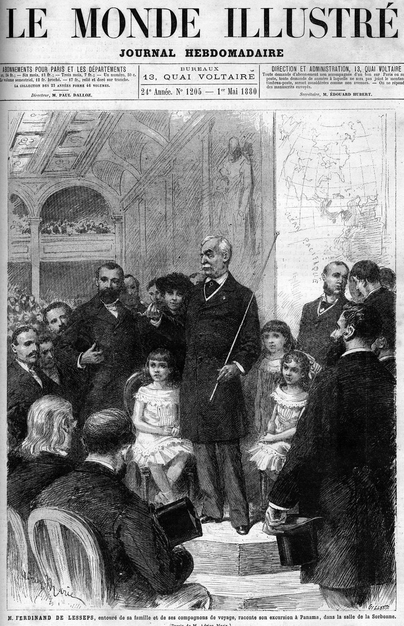 Ferdinand de Lesseps omringd door zijn familie en reisgenoten, vertelt over zijn reis naar Panama in de Salle de la Sorbonne. Omslag van de 