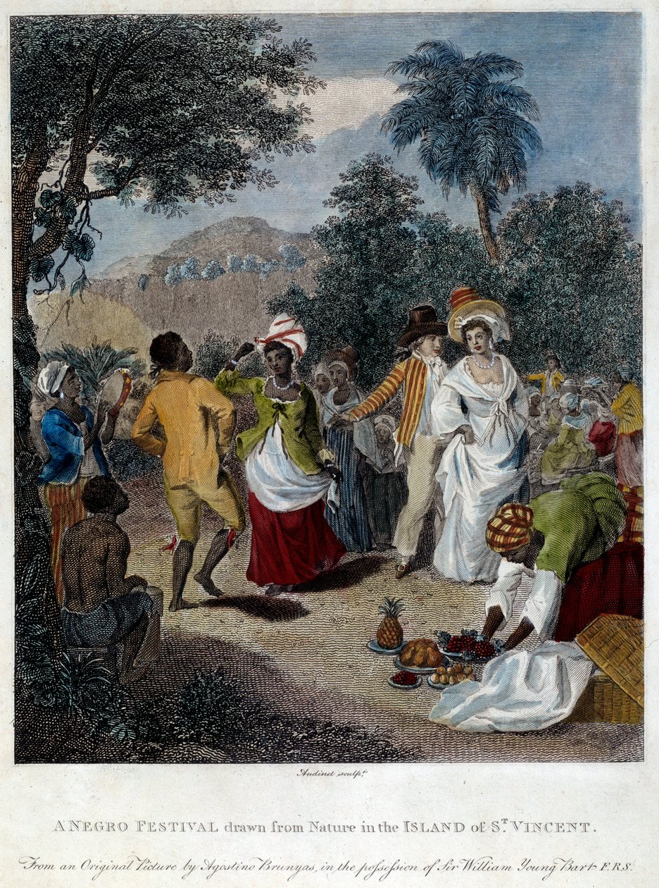 Negerfeest op het eiland Saint Vincent (Centraal-Amerika, Antillen). Gravure uit de 19e eeuw door French School