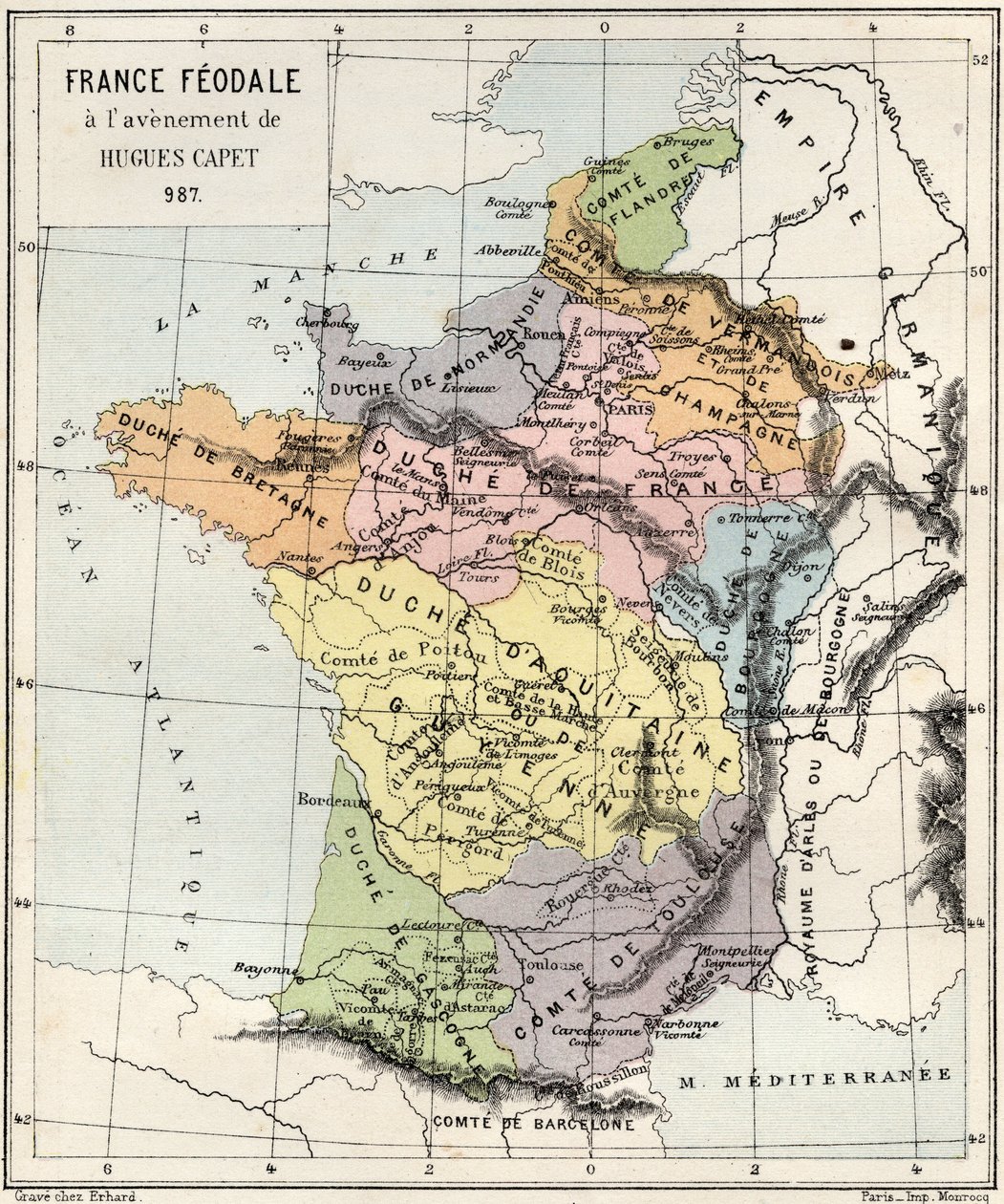 Feodalisme - Frankrijk Feodaal bij de troonsbestijging van Hugues Capet - 987 - gravure uit 