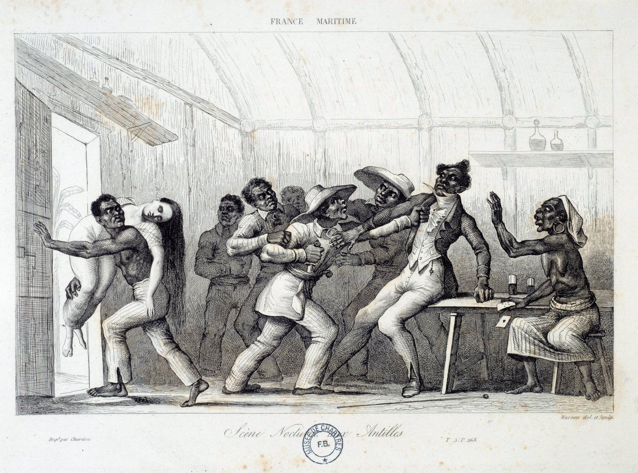 Gevecht in een taverne in de West-Indië, een jonge blanke vrouw wordt ontvoerd door rovers. Gravure uit de 19e eeuw. Chartres, Museum voor Schone Kunsten door French School