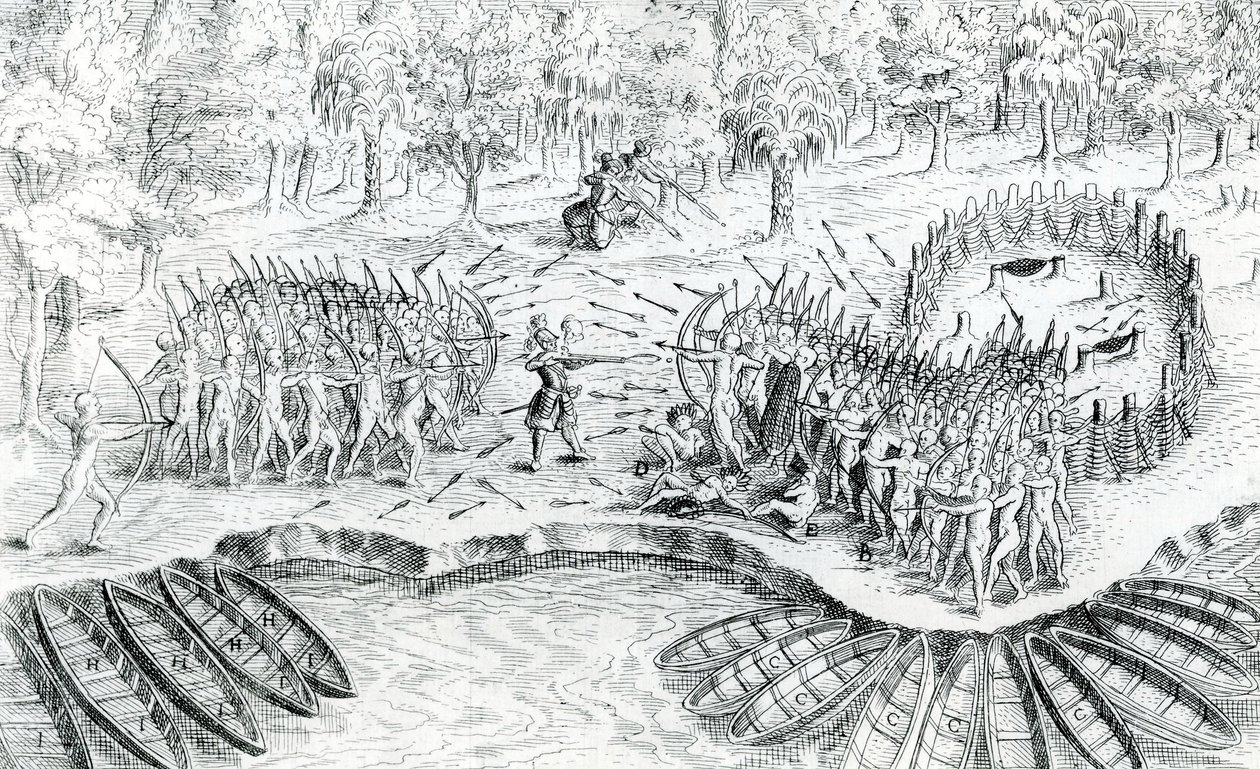Gevecht van de Hurons, uit Voyage de Champlain in 1624 door Samuel de Champlain door French School