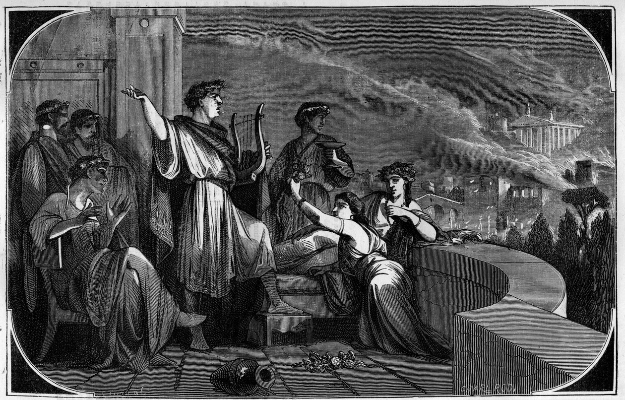 Brand van Rome door Nero. Tussen 18 en 24 juli 64 werd de stad Rome verwoest door een grote brand die naar verluidt werd veroorzaakt door keizer Nero om de christenen te beschuldigen en te vervolgen. Gravure in 
