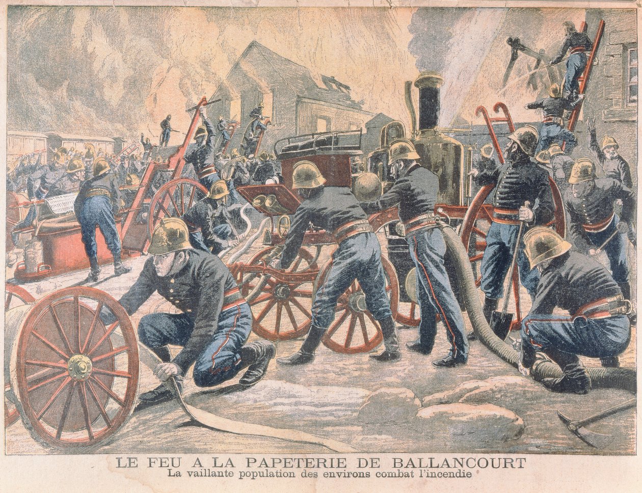 Brandweerlieden bestrijden een brand in een papierfabriek in Ballancourt, uit Le Petit Journal, 1905 door French School