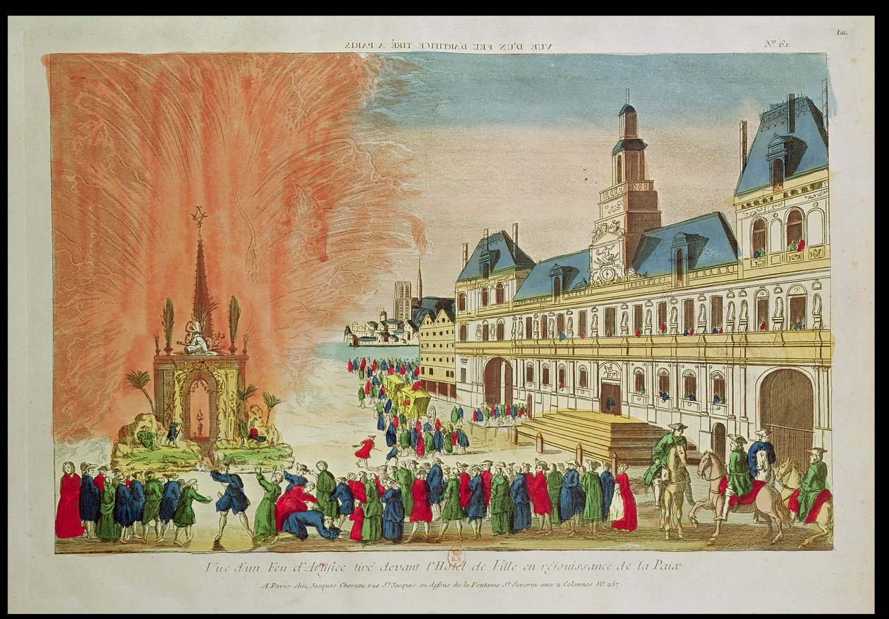 Vuurwerk voor het Hotel de Ville in Parijs ter viering van de Vrede van Versailles, 1783 door French School
