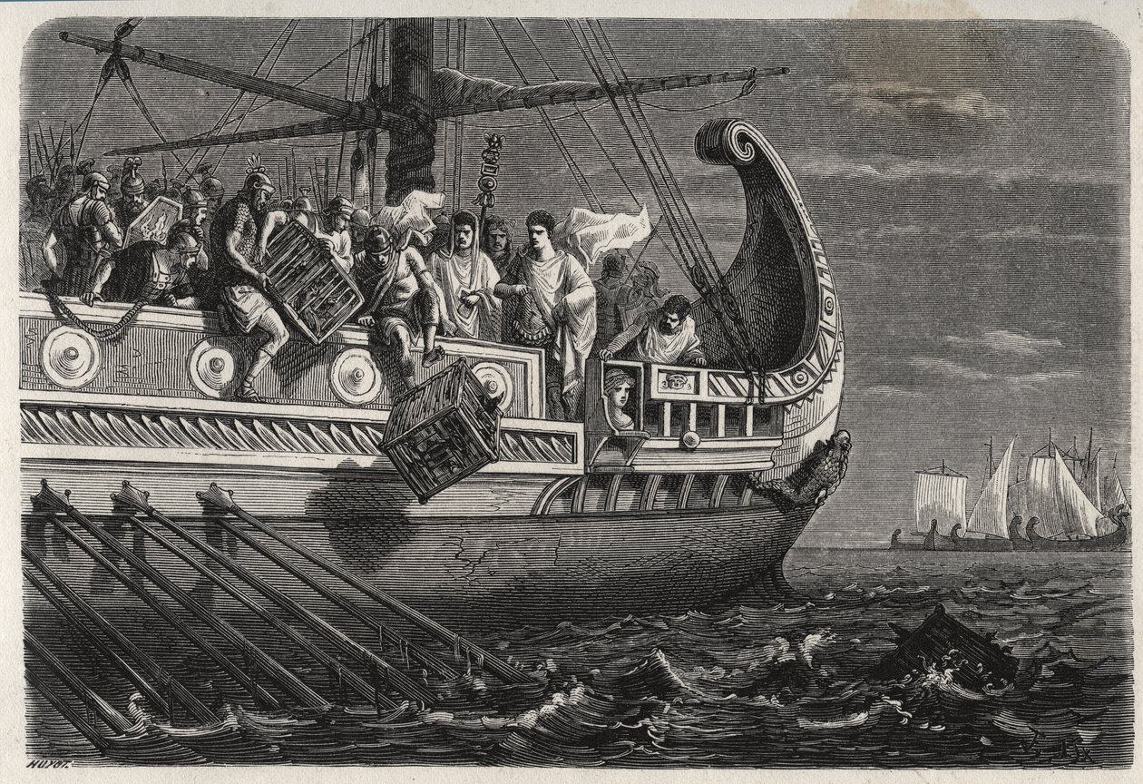 Eerste Punische Oorlog - Publius Claudius Appius Pulcher (overleden rond 240 v.Chr.) voor de Slag bij Drepanum (249 v.Chr.) gooit heilige kippen in zee - Eerste Punische Oorlog - Slag bij Drepana - Publius Claudius Appius Pulcher voor de slag bij Drepanum door French School