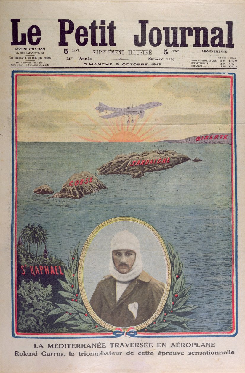 Eerste oversteek van de Middellandse Zee 23 september 1913 door Roland Garros (1888-1918), omslagillustratie van Le Petit Journal 5 oktober 1913 door French School