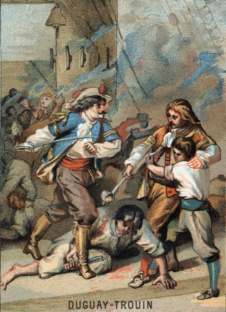 Eerste prestatie van Rene Duguay Trouin (1673-1736), Franse zeeman: Duguay - Trouin vecht tegen Wassenaer (1695). Chromolithografie van de serie 