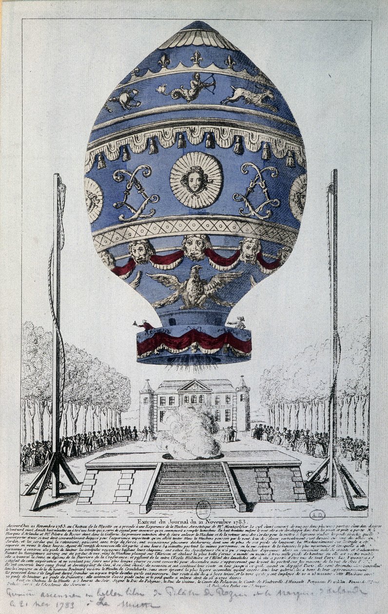 Eerste menselijke vlucht van Pilâtre de Rozier op 21 november 1783 door French School