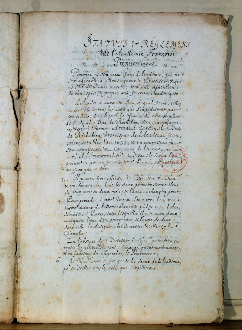 Eerste pagina van de statuten van de Franse Academie, 1635 door French School