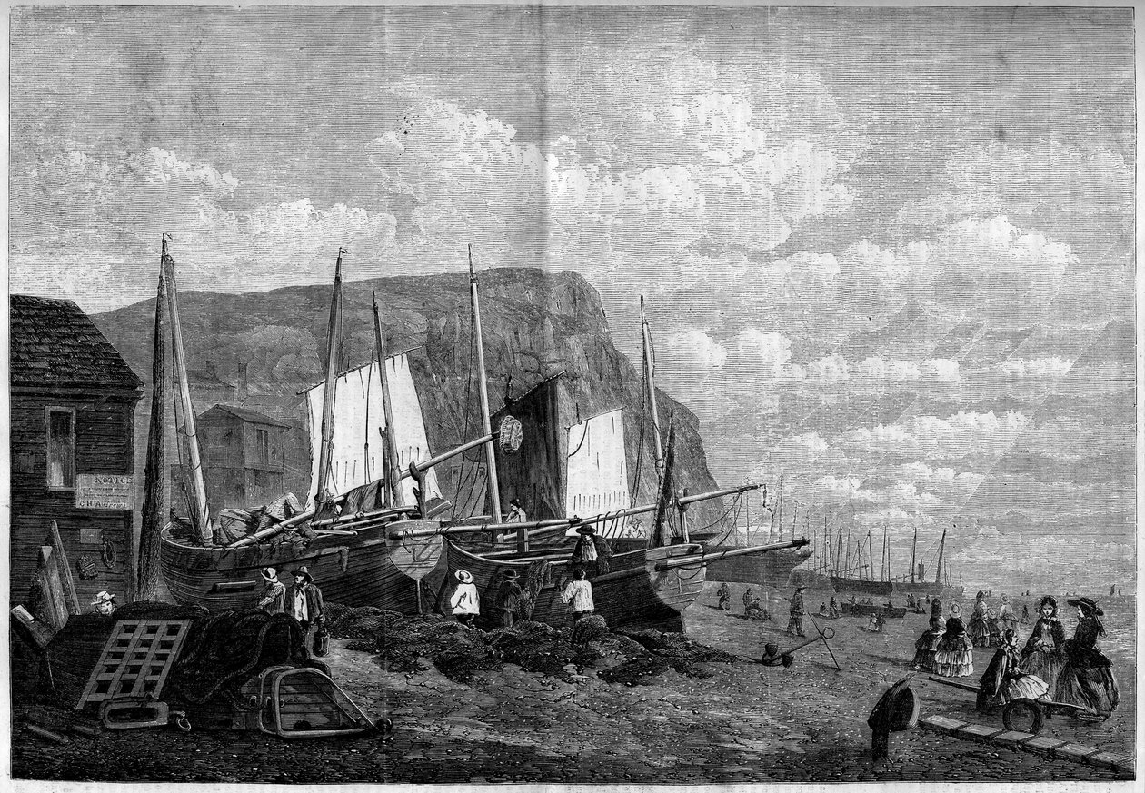 Vissersboten op Hastings Beach, Engeland door French School