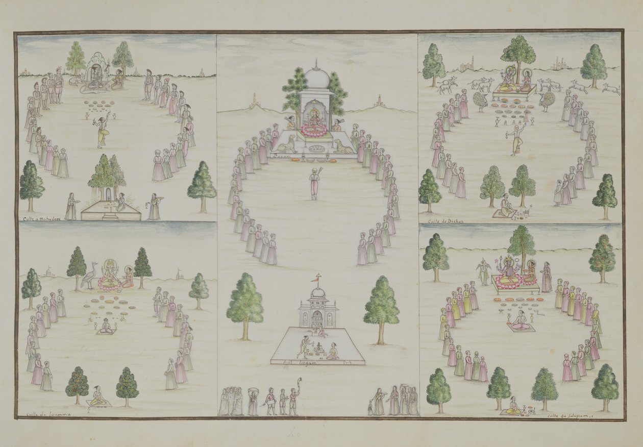 Vijf Hindoeïstische Sekten: Shiva, Krishna, Vishnu, Brahma en Moedergodin uit Het Gentil Album, gepubliceerd in 1774 door French School