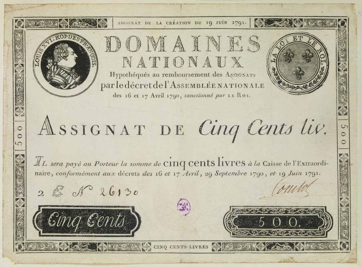 Vijfhonderd livres bankbiljet, 19 juni 1791 door French School