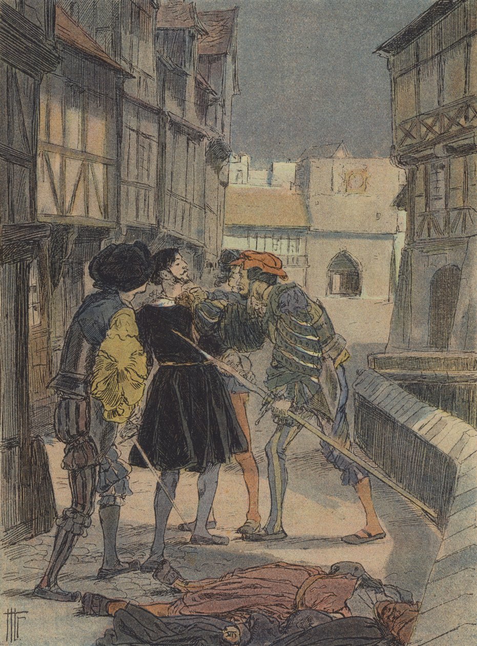 Florentijnse goudsmid en beeldhouwer Benvenuto Cellini omringd en bedreigd door een groep mannen (kleurenlitho) door French School