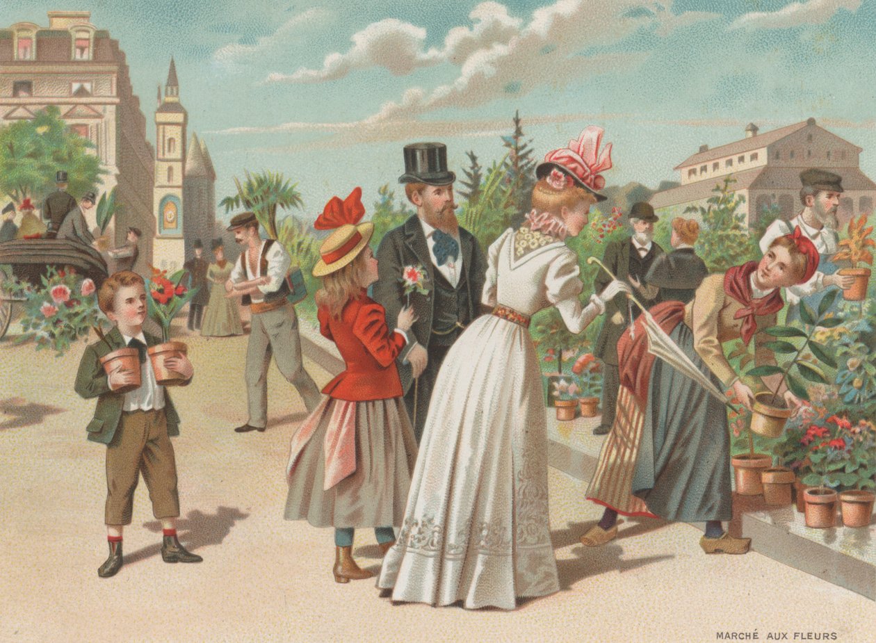 Bloemenmarkt (chromolitho) door French School