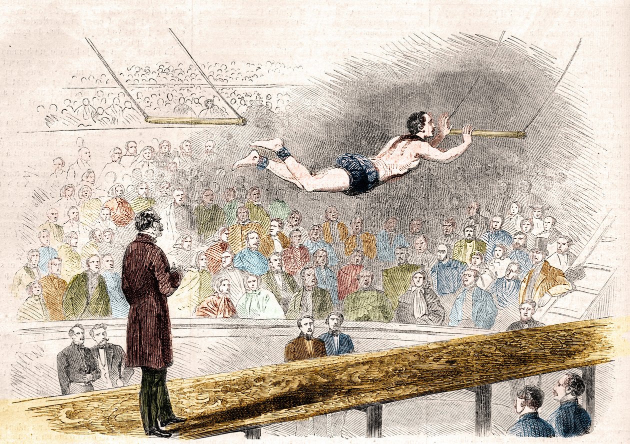 Vliegende trapezenummer door de Franse acrobaat Jules Leotard (1839-1870) in Cirque de Napoleon (nu Cirque d
