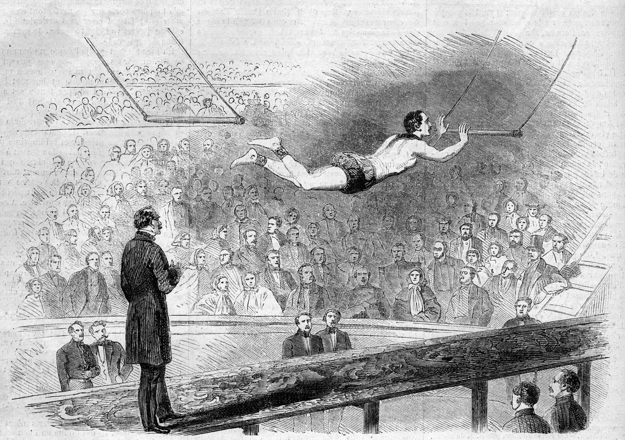 Vliegende trapezenummer door de Franse acrobaat Jules Leotard in Cirque de Napoléon (nu Cirque d