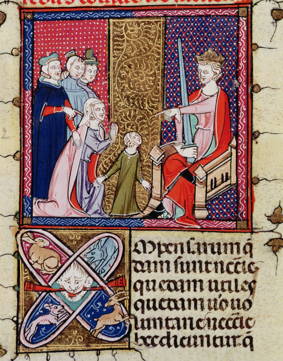 Fol.11v Een kind en haar moeder verschijnen voor een rechter, uit Justiniani in Fortiatum door French School