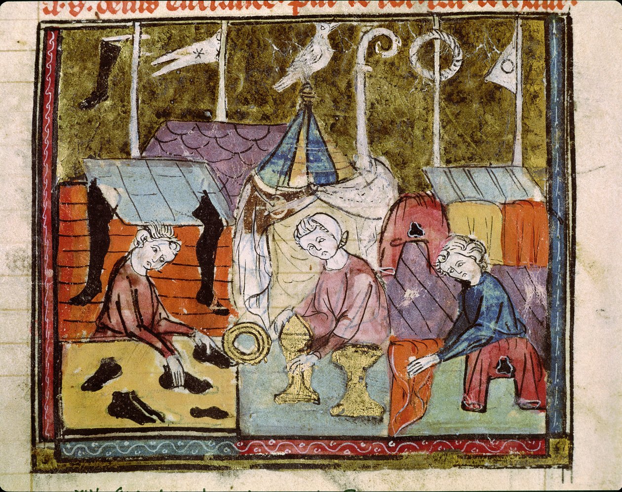Kooplieden op de Lendit-beurs bij St. Denis, uit de Grandes Chroniques de France, 1375-79 door French School